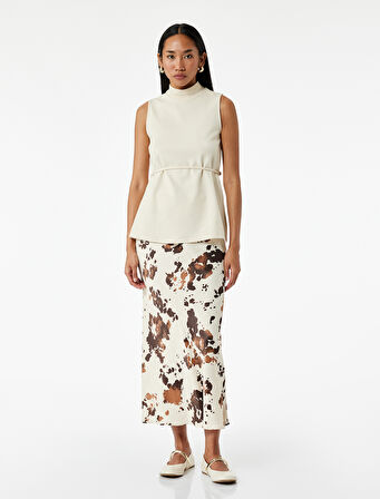 Kemer Detaylı Desenli Uzun Saten Etek