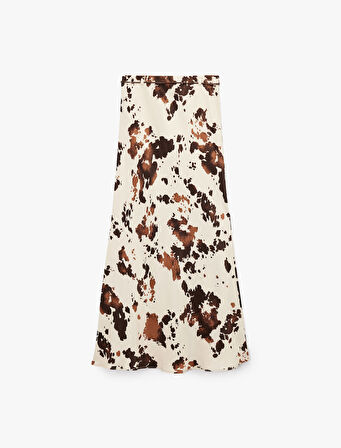 Kemer Detaylı Desenli Uzun Saten Etek