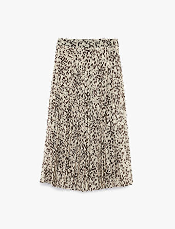Standart Bel Leopar Desenli Pileli Midi Şifon Etek