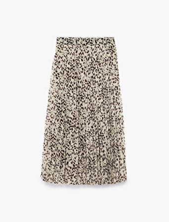 Standart Bel Leopar Desenli Pileli Midi Şifon Etek