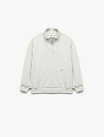 Yarım Fermuarlı Kanguru Cepli Uzun Kollu Dik Yaka Oversize Sweatshirt