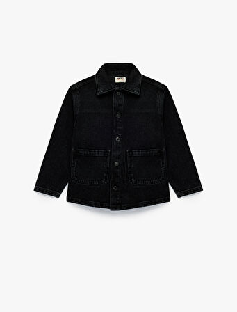 Pamuklu Düğmeli Uzun Kollu Cep Detaylı Denim Ceket