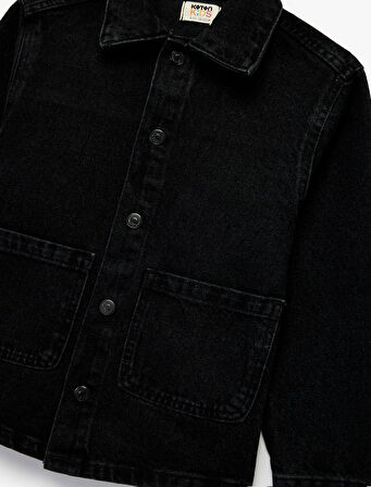 Pamuklu Düğmeli Uzun Kollu Cep Detaylı Denim Ceket