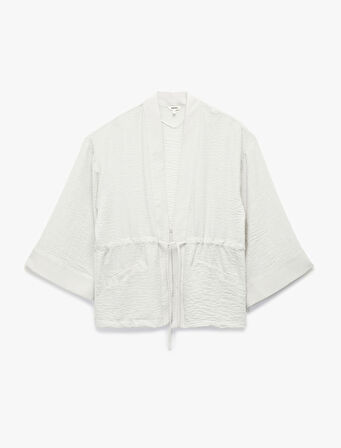 Uzun Kollu Cepli Beli Bağcık Detaylı Kruvaze Kimono