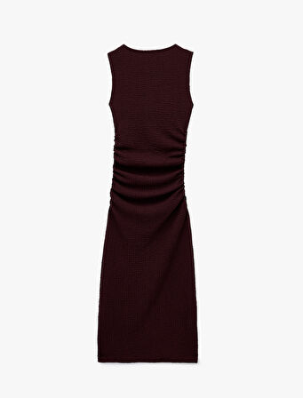 Drape Detaylı Kolsuz Dokulu Bisiklet Yaka Slim Fit Uzun Elbise