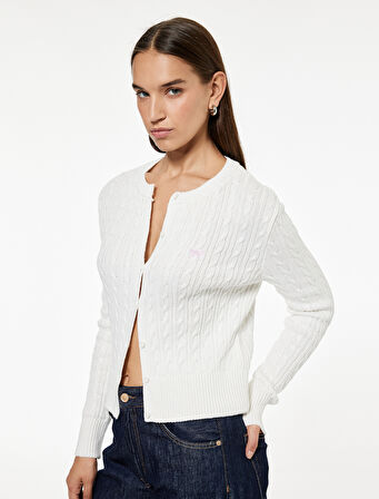 Pamuklu Saç Örgüsü Dokulu Düğmeli Bisiklet Yaka Slim Fit Fiyonklu Hırka