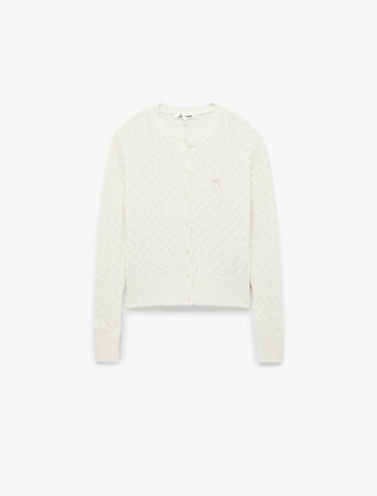 Pamuklu Saç Örgüsü Dokulu Düğmeli Bisiklet Yaka Slim Fit Fiyonklu Hırka