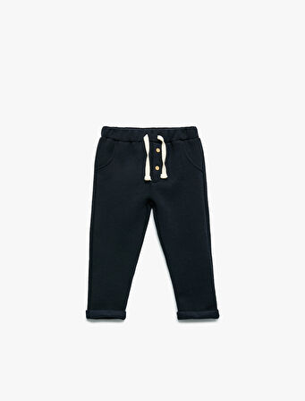 Şardonlu Duble Paça Düğmeli Bağcıklı Eşofman Altı