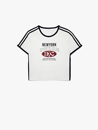 Pamuklu Kısa Kollu Bisiklet Yaka Baskılı Crop Spor Tişört