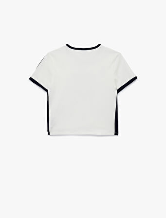 Pamuklu Kısa Kollu Bisiklet Yaka Baskılı Crop Spor Tişört