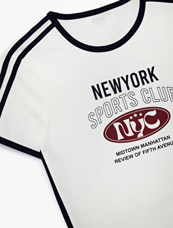 Pamuklu Kısa Kollu Bisiklet Yaka Baskılı Crop Spor Tişört