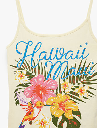 Pamuklu İp Askılı Hawaii Baskılı Slim Fit Bluz