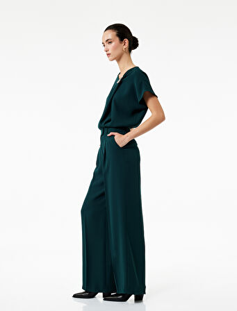 Krep Kumaş Cepli Pile Detaylı Yüksek Bel Palazzo Pantolon