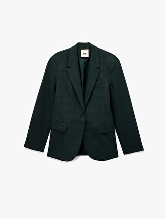 Düğmeli Cep Detaylı Uzun Kollu V Yaka Ekoseli Blazer Ceket