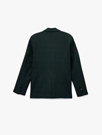 Düğmeli Cep Detaylı Uzun Kollu V Yaka Ekoseli Blazer Ceket