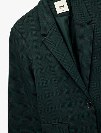 Düğmeli Cep Detaylı Uzun Kollu V Yaka Ekoseli Blazer Ceket