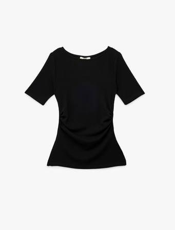 Slim Fit Kısa Kollu Bisiklet Yaka Drape Detaylı Tişört