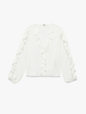 Krep Kumaş V Yaka Uzun Kollu Fırfırlı Bluz