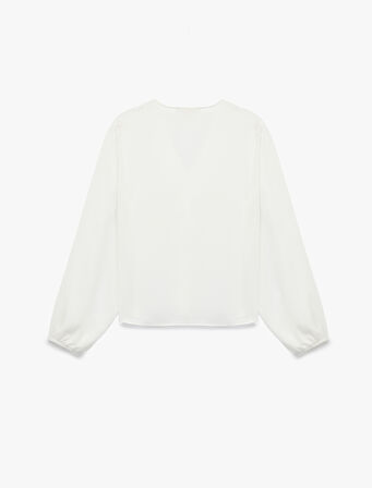 Krep Kumaş V Yaka Uzun Kollu Fırfırlı Bluz