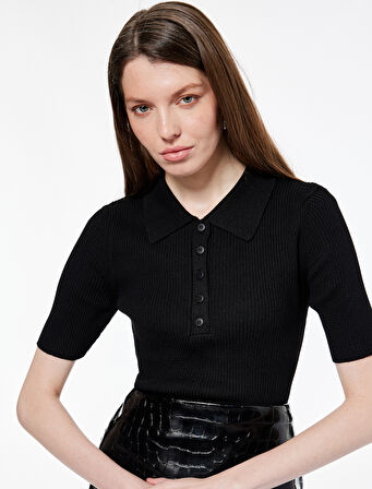 Regular Fit Yarım Düğmeli Kısa Kollu Polo Yaka Triko Kazak