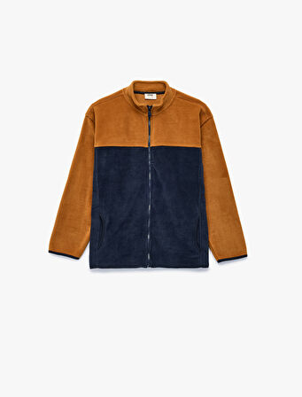 Dik Yaka Uzun Kollu Renk Bloklu Fermuarlı Polar Sweatshirt
