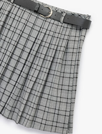 Kemerli Kareli A Kesim Pileli Mini Etek