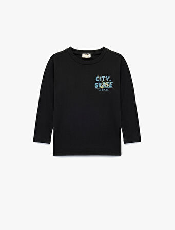 Baskılı Uzun Kollu Bisiklet Yaka Pamuklu Tişört