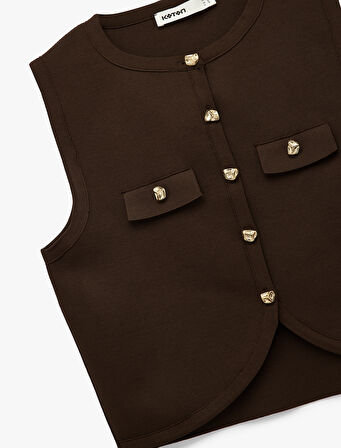 Gold Düğmeli Bisiklet Yaka Düğmeli Triko Yelek