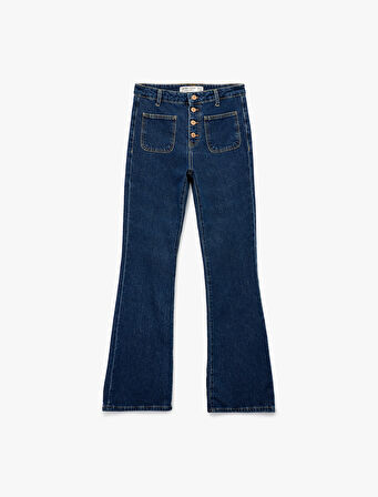 Yüksek Bel Düğmeli Dar Kesim Cep Detaylı Pamuklu İspanyol Paça Jean Pantolon - Flare Jeans