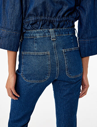 Yüksek Bel Düğmeli Dar Kesim Cep Detaylı Pamuklu İspanyol Paça Jean Pantolon - Flare Jeans
