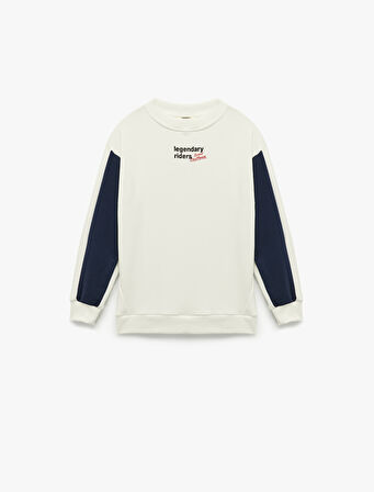 Şardonlu Renk Kontrastlı Uzun Kollu Bisiklet Yaka Baskılı Oversize Sweatshirt