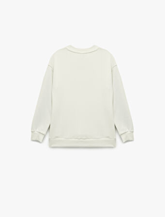 Şardonlu Renk Kontrastlı Uzun Kollu Bisiklet Yaka Baskılı Oversize Sweatshirt