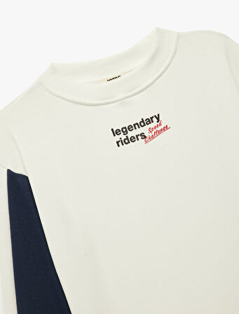 Şardonlu Renk Kontrastlı Uzun Kollu Bisiklet Yaka Baskılı Oversize Sweatshirt