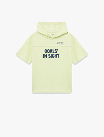 Pamuklu Kısa Kollu Baskılı Kapşonlu Oversize Sweatshirt