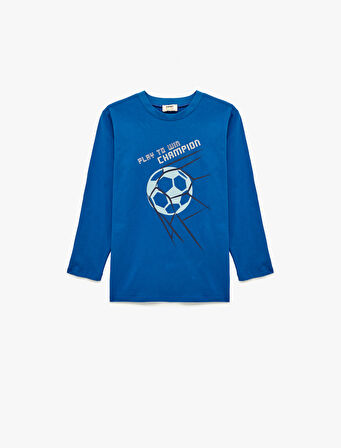 Pamuklu Uzun Kollu Bisiklet Yaka Futbol Baskılı Tişört