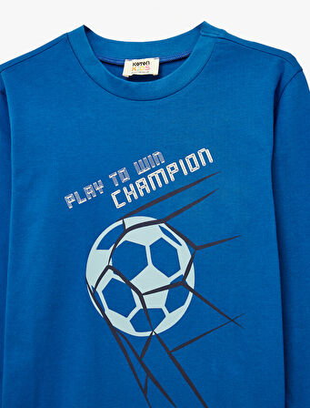 Pamuklu Uzun Kollu Bisiklet Yaka Futbol Baskılı Tişört