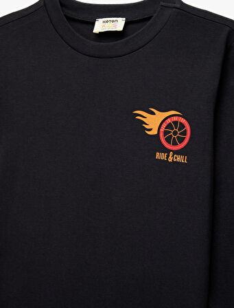 Pamuklu Uzun Kollu Bisiklet Yaka Baskılı Tişört