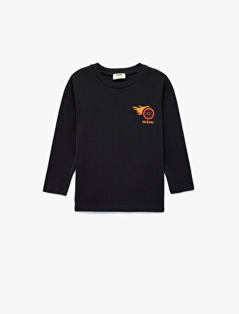 Pamuklu Uzun Kollu Bisiklet Yaka Baskılı Tişört