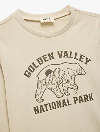 Pamuklu Uzun Kollu Bisiklet Yaka Baskılı Tişört