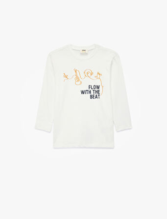 Pamuklu Bisiklet Yaka Baskılı Uzun Kollu Tişört