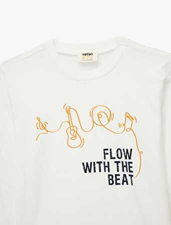 Pamuklu Bisiklet Yaka Baskılı Uzun Kollu Tişört