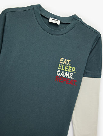 Pamuklu Uzun Çıkma Kollu Renk Kontrastlı Bisiklet Yaka Baskılı Tişört