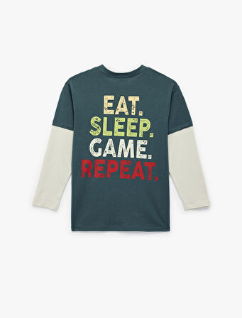 Pamuklu Uzun Çıkma Kollu Renk Kontrastlı Bisiklet Yaka Baskılı Tişört