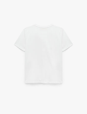 Pamuklu Kısa Kollu Bisiklet Yaka Kalpli Varak Baskı Detaylı Tişört