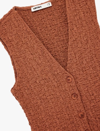 Bürümcük Kumaş Slim Fit V Yaka Düğmeli Yelek