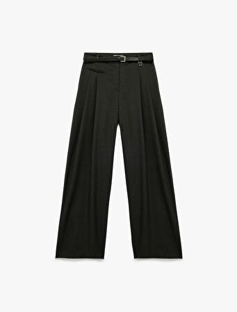 Pile Detaylı Kemerli Yüksek Bel Palazzo Pantolon