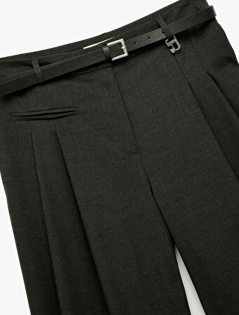 Pile Detaylı Kemerli Yüksek Bel Palazzo Pantolon