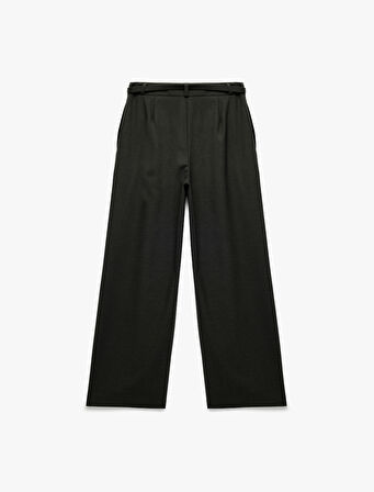 Pile Detaylı Kemerli Yüksek Bel Palazzo Pantolon