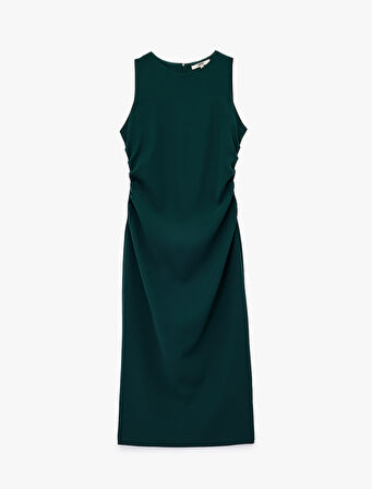 Krep Kumaş Drape Detaylı Yırtmaçlı Kolsuz Bisiklet Yaka Midi Kalem Elbise