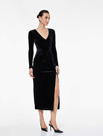 Uzun Kollu V Yaka Yırtmaç Detaylı Slim Fit Midi Elbise